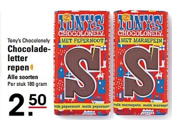 Aanbiedingen Tony`s chocolonely chocoladeletter repen alle soorten - Tony's - Geldig van 26/10/2017 tot 13/11/2017 bij Sligro