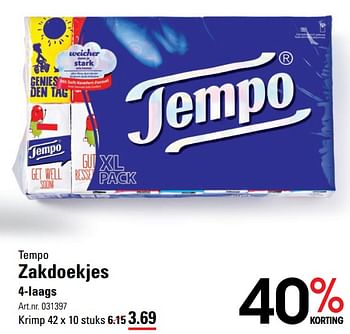 Aanbiedingen Zakdoekjes 4-laags - Tempo - Geldig van 26/10/2017 tot 13/11/2017 bij Sligro