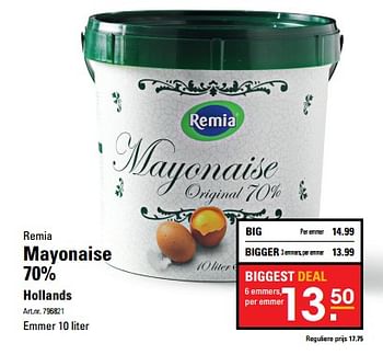 Aanbiedingen Mayonaise 70% hollands - Remia - Geldig van 26/10/2017 tot 13/11/2017 bij Sligro