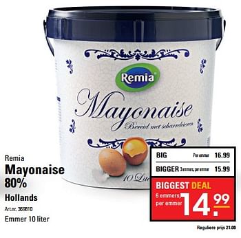 Aanbiedingen Mayonaise 80% hollands - Remia - Geldig van 26/10/2017 tot 13/11/2017 bij Sligro