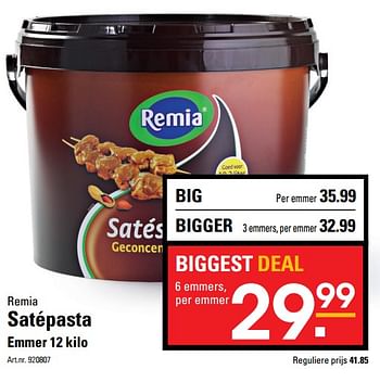 Aanbiedingen Satépasta emmer 12 kilo - Remia - Geldig van 26/10/2017 tot 13/11/2017 bij Sligro