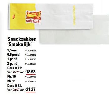 Aanbiedingen Snackzakken `smakelijk` - Takedis - Geldig van 26/10/2017 tot 13/11/2017 bij Sligro