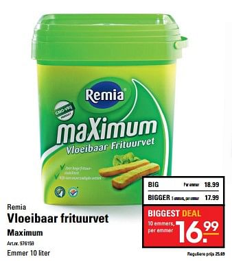 Aanbiedingen Vloeibaar frituurvet maximum - Remia - Geldig van 26/10/2017 tot 13/11/2017 bij Sligro