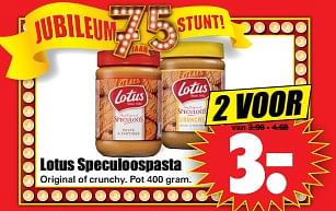 Aanbiedingen Lotus speculoospasta original of crunchy - Lotus Bakeries - Geldig van 29/10/2017 tot 04/11/2017 bij Lekker Doen