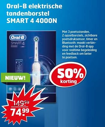 Aanbiedingen Oral-b elektrische tandenborstel smart 4 4000n - Oral-B - Geldig van 31/10/2017 tot 12/11/2017 bij Trekpleister