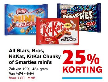 Aanbiedingen All stars, bros, kitkat, kitkat chunky of smarties mini`s - Nestlé - Geldig van 01/11/2017 tot 07/11/2017 bij Hoogvliet