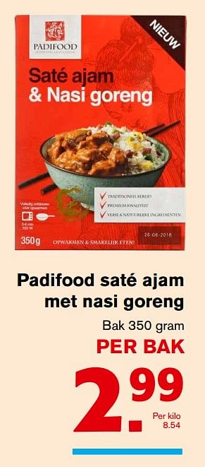 Aanbiedingen Padifood saté ajam met nasi goreng - Padifood - Geldig van 01/11/2017 tot 07/11/2017 bij Hoogvliet