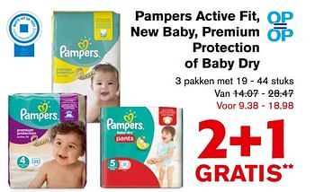 Aanbiedingen Pampers active fit, new baby, premium protection of baby dry - Pampers - Geldig van 01/11/2017 tot 07/11/2017 bij Hoogvliet