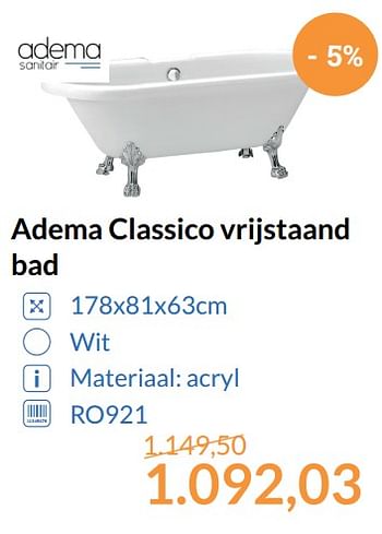 Aanbiedingen Adema classico vrijstaand bad - Adema sanitair - Geldig van 01/11/2017 tot 30/11/2017 bij Sanitairwinkel