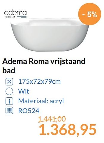 Aanbiedingen Adema roma vrijstaand bad - Adema sanitair - Geldig van 01/11/2017 tot 30/11/2017 bij Sanitairwinkel