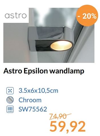 Aanbiedingen Astro epsilon wandlamp - Astro - Geldig van 01/11/2017 tot 30/11/2017 bij Sanitairwinkel