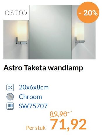 Aanbiedingen Astro taketa wandlamp - Astro - Geldig van 01/11/2017 tot 30/11/2017 bij Sanitairwinkel