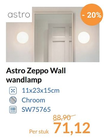 Aanbiedingen Astro zeppo wall wandlamp - Astro - Geldig van 01/11/2017 tot 30/11/2017 bij Sanitairwinkel