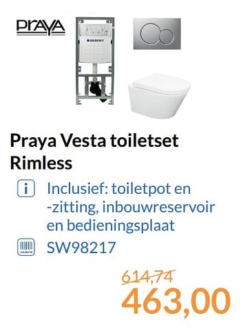 Aanbiedingen Praya vesta toiletset rimless - Praya - Geldig van 01/11/2017 tot 30/11/2017 bij Sanitairwinkel
