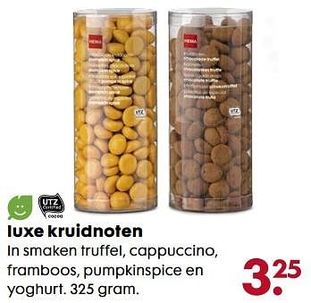 Aanbiedingen Luxe kruidnoten in smaken truffel, cappuccino, framboos, pumpkinspice en yoghurt - Huismerk - Hema - Geldig van 06/11/2017 tot 05/12/2017 bij Hema