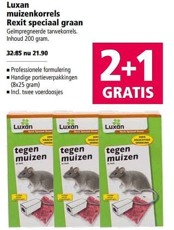 Aanbiedingen Luxan muizenkorrels rexit speciaal graan - Luxan - Geldig van 06/11/2017 tot 19/11/2017 bij Welkoop