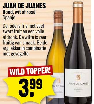 Aanbiedingen Juan de juanes rood, wit of rosé spanje - Rode wijnen - Geldig van 29/10/2017 tot 04/11/2017 bij Dirk III