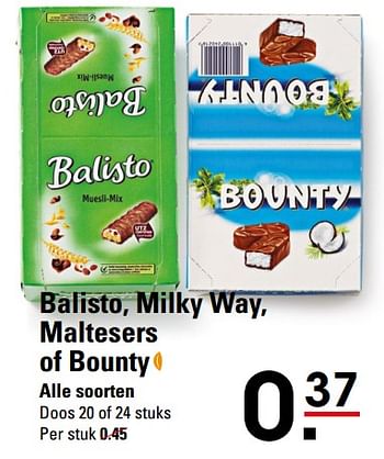 Aanbiedingen Balisto, milky way, maltesers of bounty - Huismerk - Sligro - Geldig van 26/10/2017 tot 13/11/2017 bij Sligro