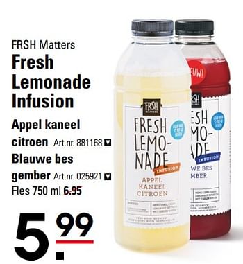 Aanbiedingen Frsh matters fresh lemonade infusion appel kaneel citroen - Frsh Matters - Geldig van 26/10/2017 tot 13/11/2017 bij Sligro