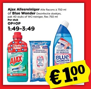 Aanbiedingen Ajax allesreiniger alle flacons of blue wonder desinfectie doekjes - Huismerk - Plus - Geldig van 29/10/2017 tot 04/11/2017 bij Plus