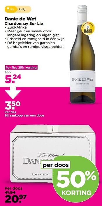 Aanbiedingen Danie de wet chardonnay sur lie - Witte wijnen - Geldig van 29/10/2017 tot 04/11/2017 bij Plus