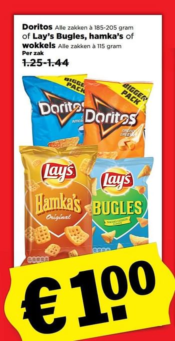 Aanbiedingen Doritos alle zakken à 185-205 gram of lay`s bugles, hamka`s of wokkels - Huismerk - Plus - Geldig van 29/10/2017 tot 04/11/2017 bij Plus
