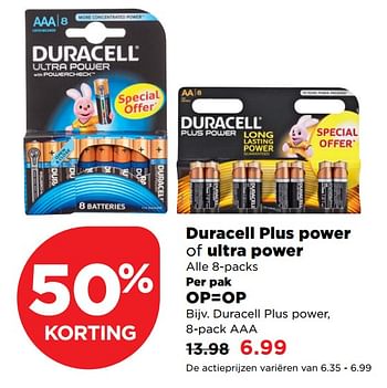 Aanbiedingen Duracell plus power of ultra power - Duracell - Geldig van 29/10/2017 tot 04/11/2017 bij Plus