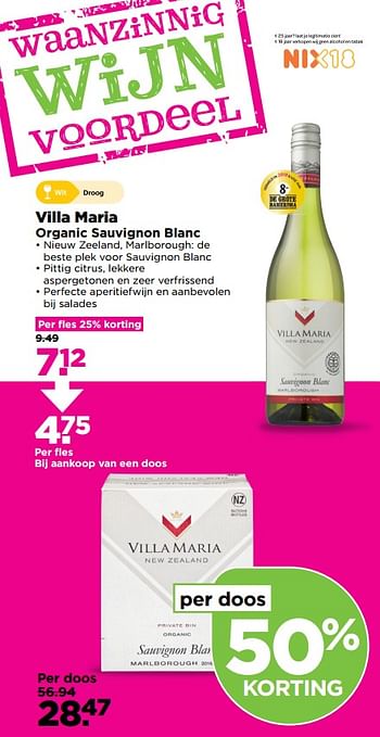 Aanbiedingen Villa maria organic sauvignon blanc - Witte wijnen - Geldig van 29/10/2017 tot 04/11/2017 bij Plus