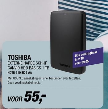 Aanbiedingen Toshiba externe harde schijf canvio hdd basics 1 tb hdtb 310 ek 3 aa - Toshiba - Geldig van 30/10/2017 tot 05/11/2017 bij Electro World