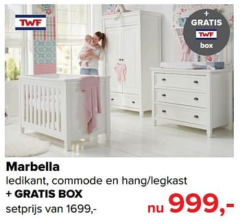 Aanbiedingen Marbella + gratis box - TWF - Geldig van 30/10/2017 tot 09/12/2017 bij Baby-Dump