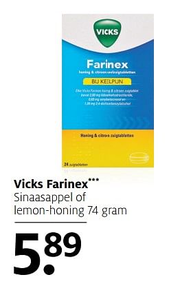 Aanbiedingen Vicks farinex sinaasappel of lemon-honing - Vicks - Geldig van 23/10/2017 tot 05/11/2017 bij Etos