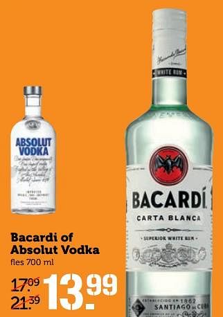 Aanbiedingen Bacardi of absolut vodka - Huismerk - Coop - Geldig van 30/10/2017 tot 05/11/2017 bij Coop