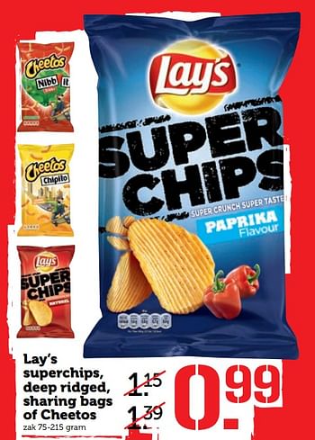 Aanbiedingen Lay`s superchips, deep ridged, sharing bags of cheetos - Huismerk - Coop - Geldig van 30/10/2017 tot 05/11/2017 bij Coop