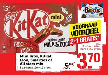 Aanbiedingen Mini bros, kitkat, lion, smarties of all stars mix - Nestlé - Geldig van 30/10/2017 tot 05/11/2017 bij Coop