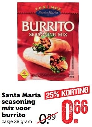 Aanbiedingen Santa maria seasoning mix voor burrito - Santa Maria - Geldig van 30/10/2017 tot 05/11/2017 bij Coop