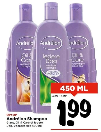 Aanbiedingen Andrélon shampoo glans, oil + care of iedere dag - Andrelon - Geldig van 05/11/2017 tot 11/11/2017 bij Vomar
