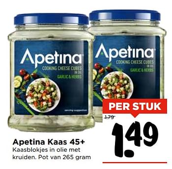 Aanbiedingen Apetina kaas 45+ kaasblokjes in olie met kruiden - apetina - Geldig van 05/11/2017 tot 11/11/2017 bij Vomar