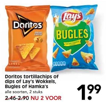 Aanbiedingen Doritos tortillachips of dips of lay`s wokkels, bugles of hamka`s - Huismerk - Em-té - Geldig van 05/11/2017 tot 11/11/2017 bij Em-té