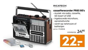 Aanbiedingen Ricatech cassetterecorder pr85 80`s - Ricatech - Geldig van 28/10/2017 tot 11/11/2017 bij Blokker