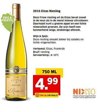 Aanbiedingen 2016 elzas riesling - Witte wijnen - Geldig van 05/11/2017 tot 31/12/2017 bij Lidl