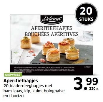 Aanbiedingen Aperitiefhapjes 20 bladerdeeghapjes met ham-kaas, kip, zalm, bolognaise en chorizo - Delicieux - Geldig van 05/11/2017 tot 31/12/2017 bij Lidl