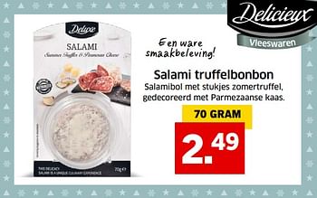 Aanbiedingen Salami truffelbonbon salamibol met stukjes zomertruffel, gedecoreerd met parmezaanse kaas - Deluxe - Geldig van 05/11/2017 tot 31/12/2017 bij Lidl