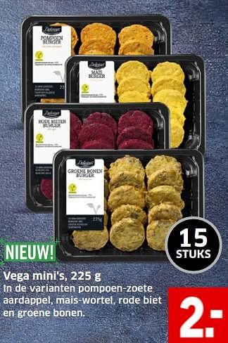 Aanbiedingen Vega mini`s in de varianten pompoen-zoete aardappel, mais-wortel, rode biet en groene bonen - Delicieux - Geldig van 05/11/2017 tot 31/12/2017 bij Lidl