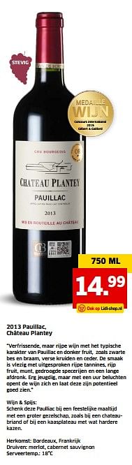 Aanbiedingen 2013 pauillac, château plantey - Rode wijnen - Geldig van 05/11/2017 tot 31/12/2017 bij Lidl