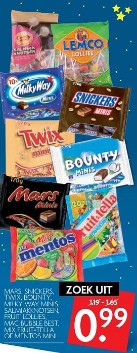 Aanbiedingen Mars, snickers, twix, bounty, milky way minis, salmiakknotsen, fruit lollies, mac bubble best, mix fruit-tella of mentos mini - Huismerk - Deka Markt - Geldig van 05/11/2017 tot 11/11/2017 bij Deka Markt