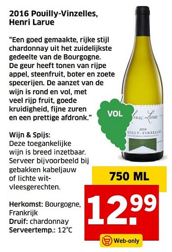 Aanbiedingen 2016 pouilly-vinzelles, henri larue - Witte wijnen - Geldig van 05/11/2017 tot 31/12/2017 bij Lidl