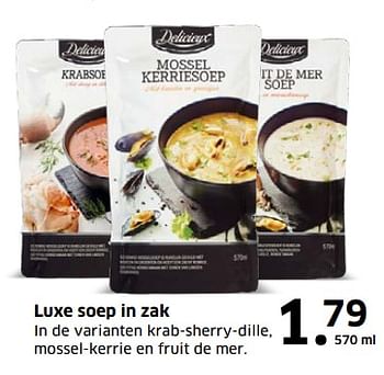Aanbiedingen Luxe soep in zak in de varianten krab-sherry-dille mossel-kerrie en fruit de mer - Delicieux - Geldig van 05/11/2017 tot 31/12/2017 bij Lidl
