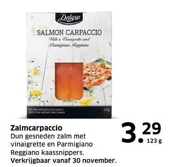 Aanbiedingen Zalmcarpaccio - Deluxe - Geldig van 05/11/2017 tot 31/12/2017 bij Lidl