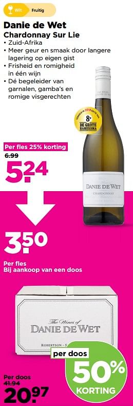 Aanbiedingen Danie de wet chardonnay sur lie - Witte wijnen - Geldig van 04/11/2017 tot 11/11/2017 bij Plus