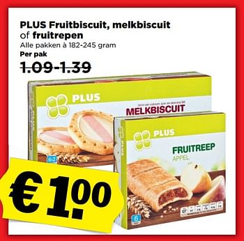 Aanbiedingen Plus fruitbiscuit, melkbiscuit of fruitrepen - Huismerk - Plus - Geldig van 04/11/2017 tot 11/11/2017 bij Plus